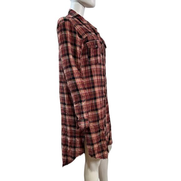 Free People Dark Pink Textured Cotton Plaid Button-Down Shirt Dress Size L - Picture 2 of 5